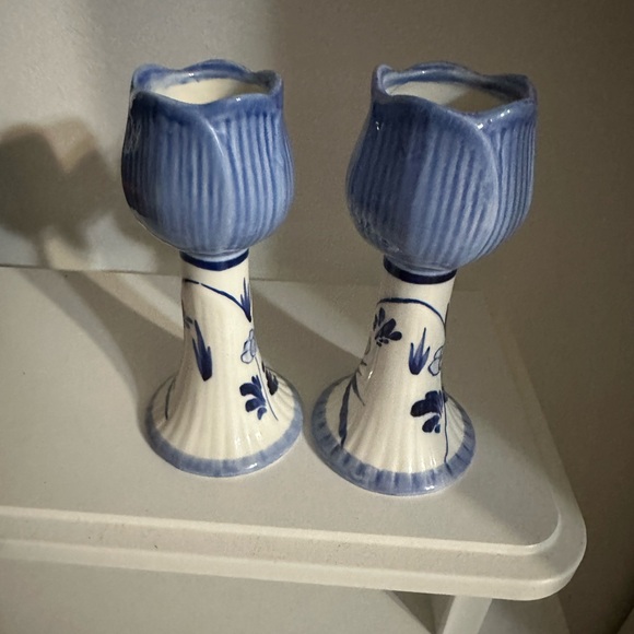 Blue Delft Ceramic Candlestick Holder Pair - Picture 5 of 6